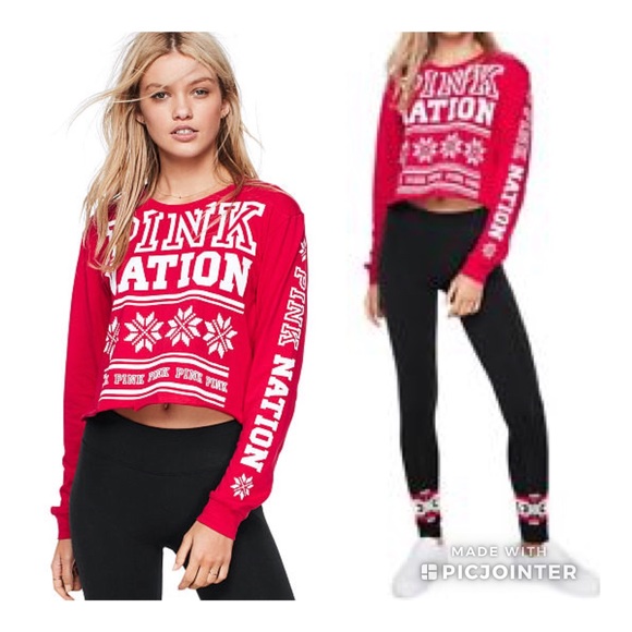 VS Pink Campus Long Sleeve Red Shirt M AUTHENTIC - Picture 1 of 6